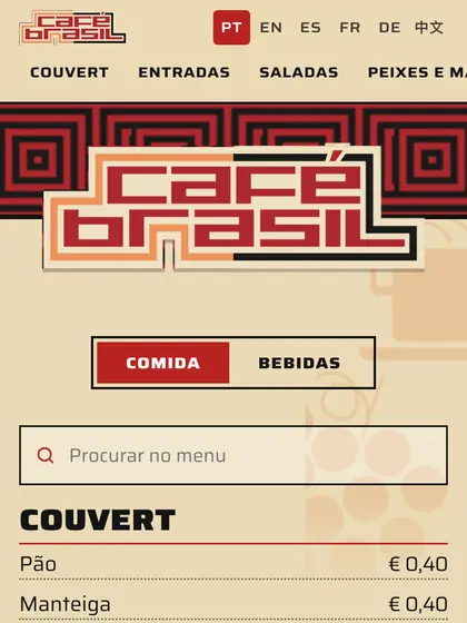 Menu digital de Café Brasil