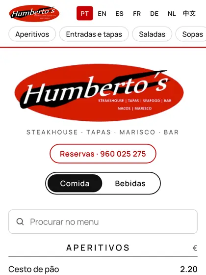 Menu digital de Humberto's