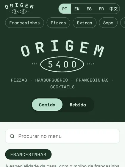 Menu digital de Origem 5400