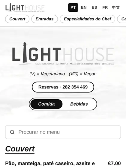 Menu digital de The Lighthouse